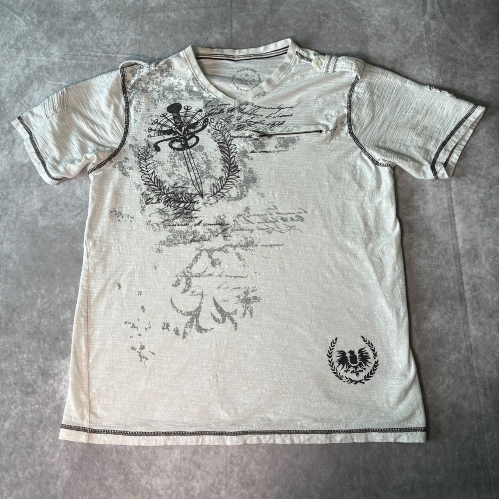 Y2K Native Code Mens Slub Cotton V-Neck Graphic Tee White Sword Crest Large